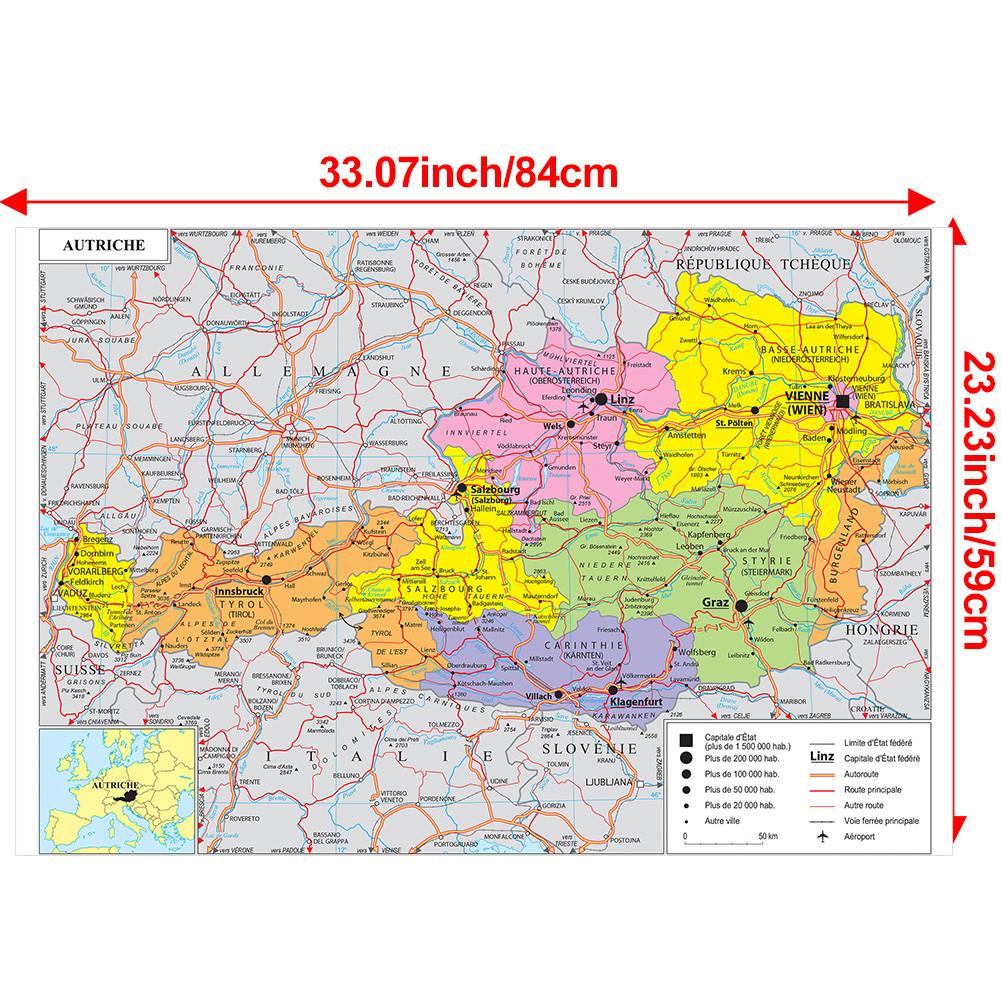 Карта французской серии - административная карта Австрии, настенный декор, подарок, туристический/образовательный инструмент, для гостиной, ванной комнаты, домашнего офиса