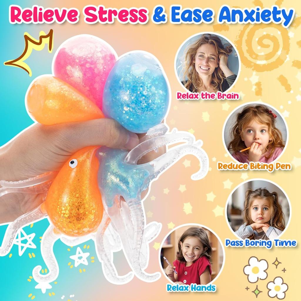 Squishy Octopus Stress Balls for Kids & Adults - Sensory Fidget Toys, Classroom Prizes, Party Favors, Stress Relief Toy