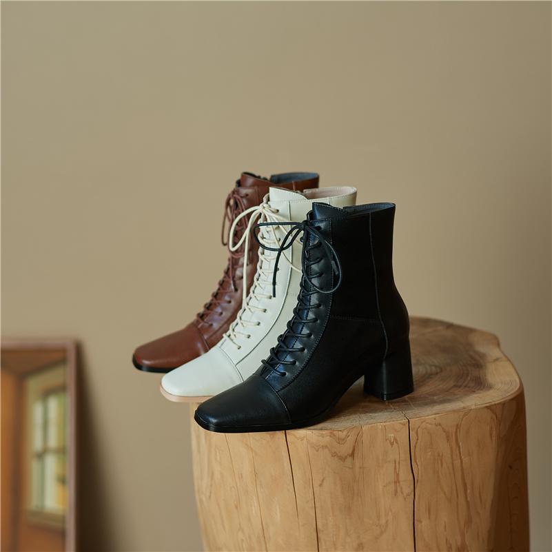 Meotina Женская обувь из натуральной кожи, ботильоны с квадратным носком, женские короткие ботинки на толстом высоком каблуке с молнией, осень, бежево-коричневый цвет 2021, 40