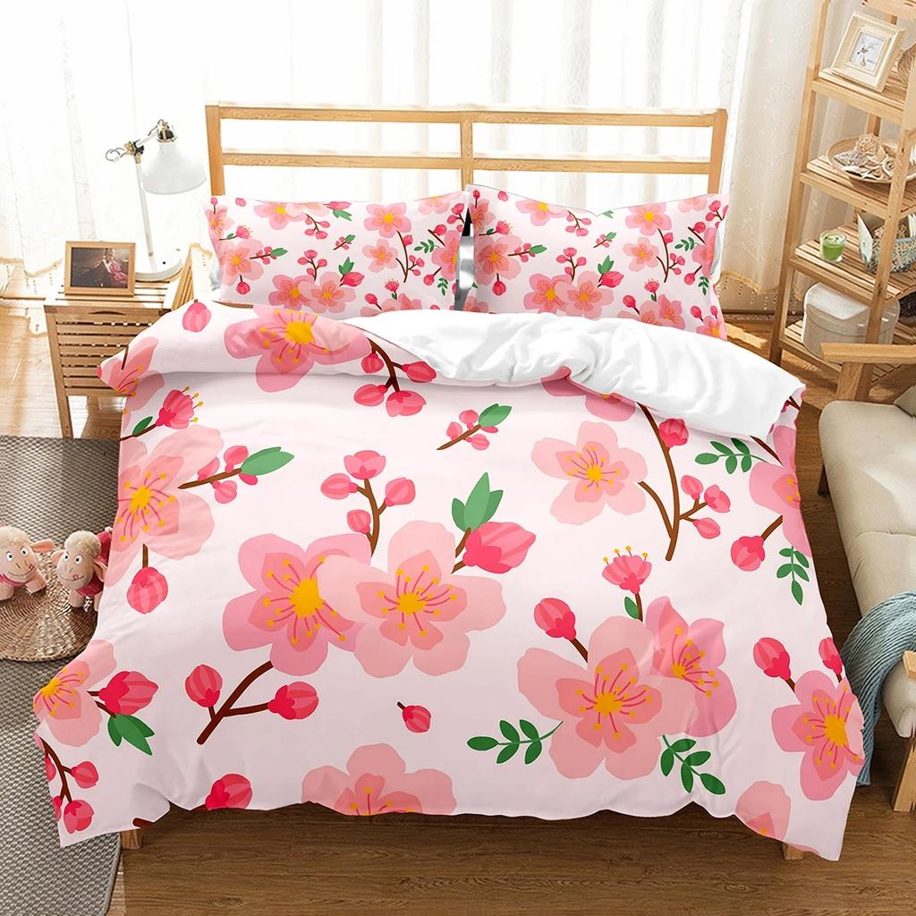 Plum Flower Duvet Cover Collection Red Flower Pattern Bedding Collection For Girls Women Polyester Comforter Cover Quilt Cover King Full Size