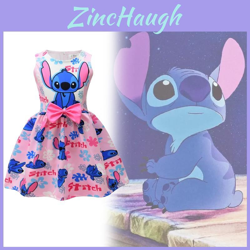 Lilo Stitch Girl Dress With Cotton Blend Fabric And Cartoon Pattern For Kids Ages 3 To 8