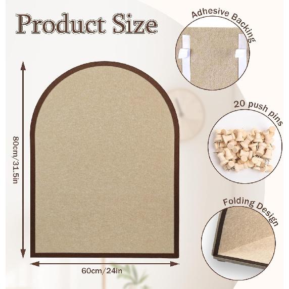 Large Cork Board Alternative, 23.6" x 31.5" Arch Felt Bulletin Board with 20 Wooden Pushp & Safe Removable Adhesive Tabs, Display Board for School,