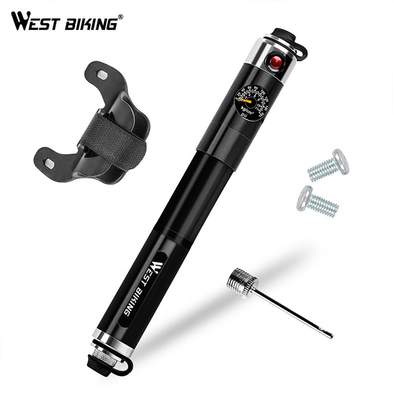 WEST BIKING Portable 160PSI Mini Bike Pump MTB Road Bike Tire Cycling Air Inflator Aluminum Alloy Gauge Hose Cycling Accessories