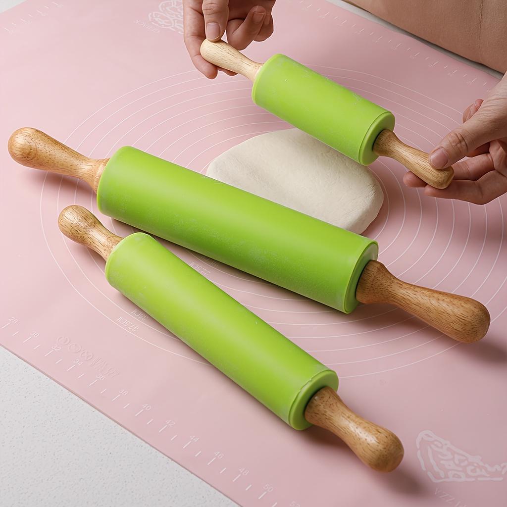 1pcs Silicone Rolling Pin With Solid Wood Handle, Household Rolling Pin, Non-stick Dumpling Flour Kneading Baking Tool Kitchen Tool