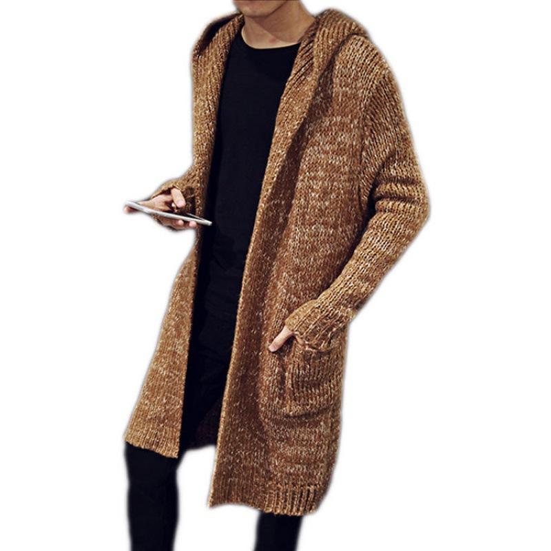 Men Hooded Jacket Long Knitted Cardigan Coats Solid Color Sweater Coats Autumn Knitted Jacket