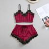 Women's 2 Piece Pajama Set Lace Trim V Neck Cami Crop Top Elastic Waist Shorts Set Casual Sleeveless Sleepwear Lounge Set