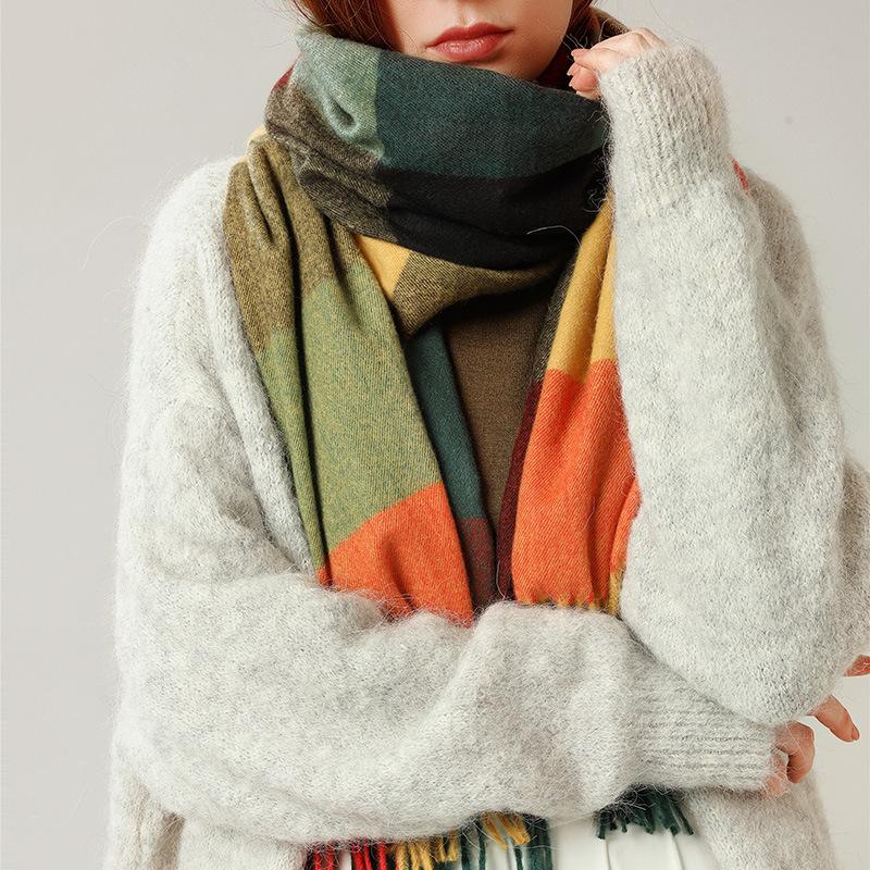 Года Женский Шарф Полосатый Клетчатый Большой Шаль Элегантный Стиль Знаменитости Осенне-Зимний Теплый Шарф Женский Высокий Чувство