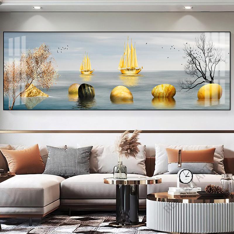 New Chinese Fengshui Golden Zen Stone Canvas Painting Wall Art Rich Tree Posters Gold Deer Prints for Living Room Home Decor