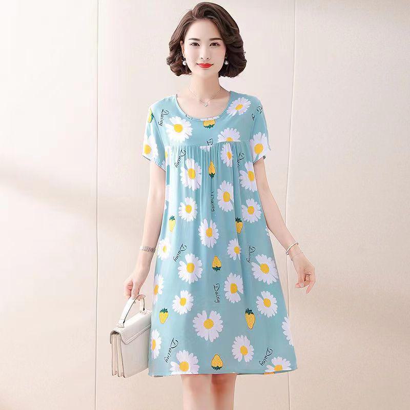 2023 Женская летняя ночная рубашка с коротким рукавом из хлопка и шелка с принтом