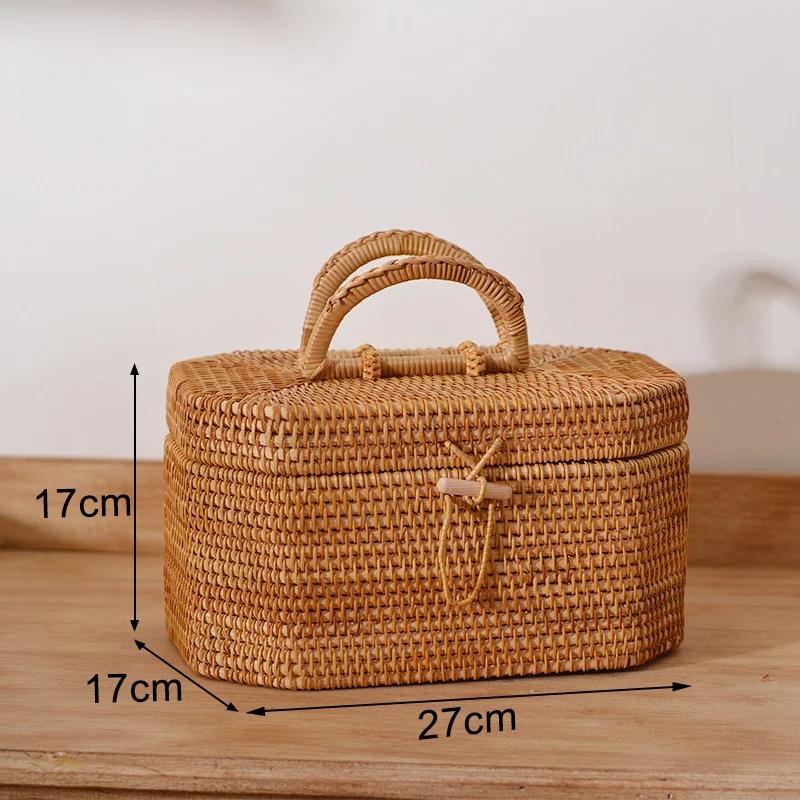 Handwoven Rattan Storage Box with Lid Tea Food Container Kongfu Tea Set Bread Fruit Basket with Lid Puer Tea Bag Organizer