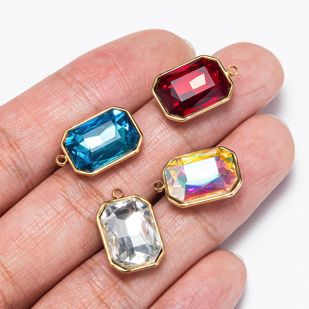 5pcs 12x16mm Stainless Steel Crystal Glass Charms Pendants Colorful Rectangle Charms for Necklace Beads Jewelry Making DIY