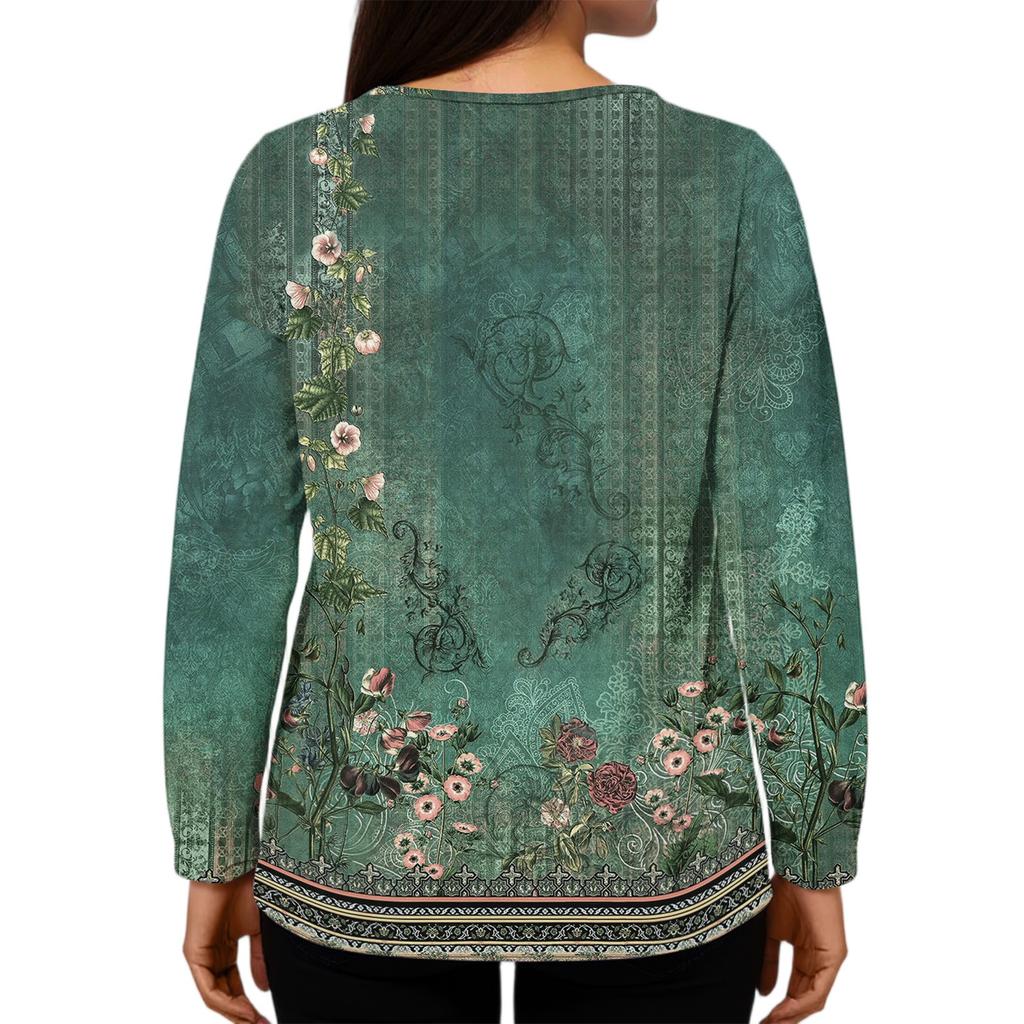 Women's Casual Fashion Loose Round Neck Retro Print Long Sleeve Top