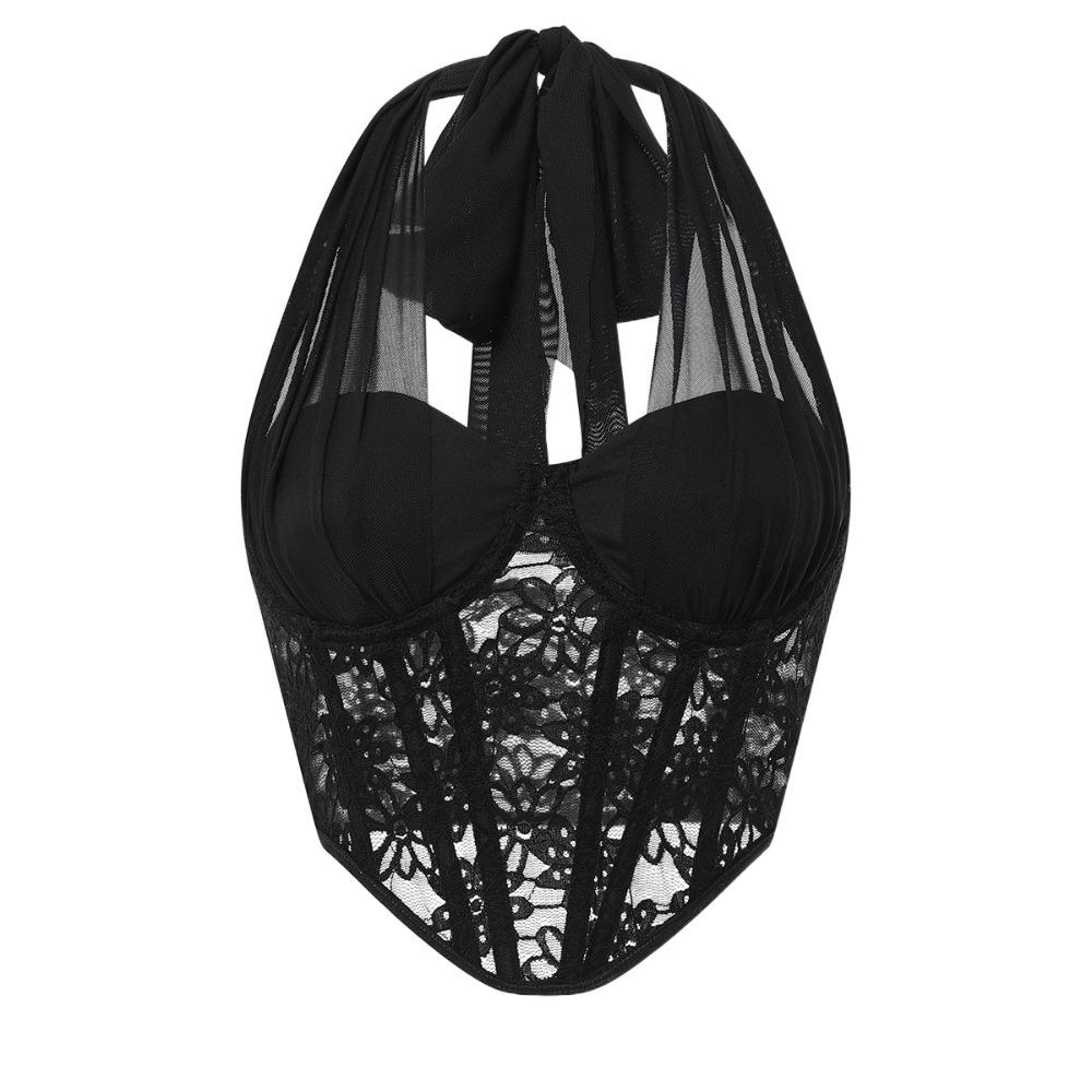 Mesh Lace Camisole Slim Fit Fishbone Corset Camisole Sweet Neck Halter Crop Tops Ladies