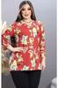 Женская блузка большого размера. Бордово-красная блузка большого размера с воротником с рисунком.