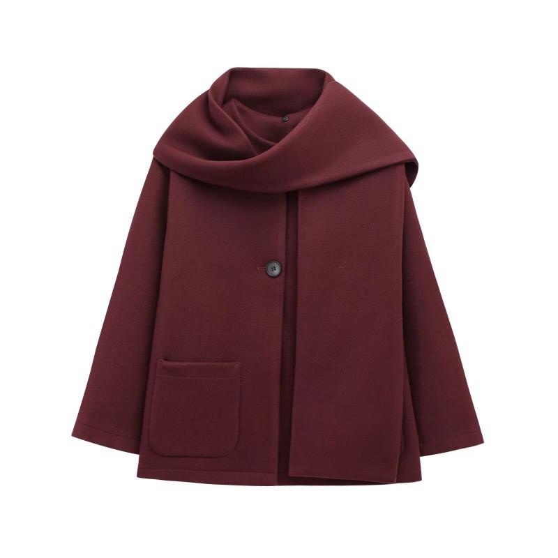 Womens Wool Blend Long Sleeve Coat With Scarf Collar Regular Fit Winter 2026 Oversized Outerwear