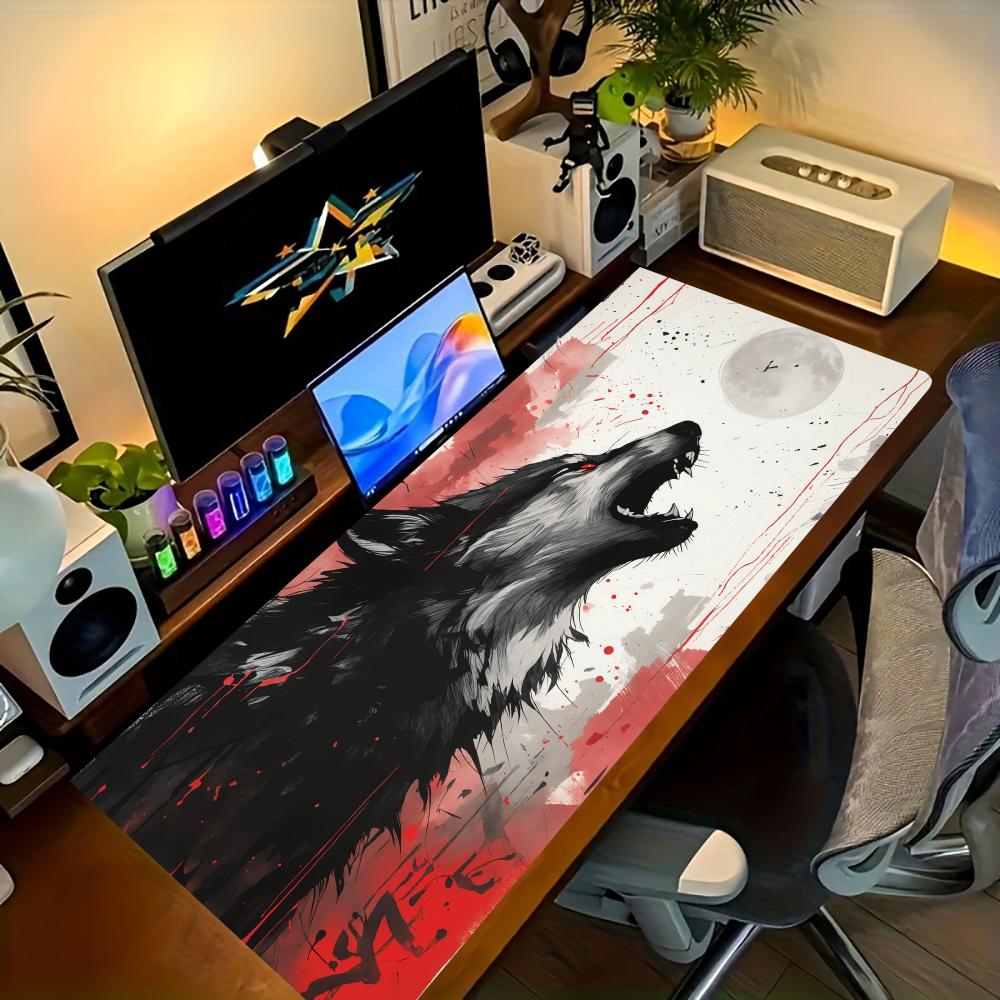 Roaring Red Eyed Wolf Gamer Mouse Pad Moon Red Ink Splash Dark Large Mousepad Non-Slip Rubber Keyboard Desk Mat for Gaming Decor