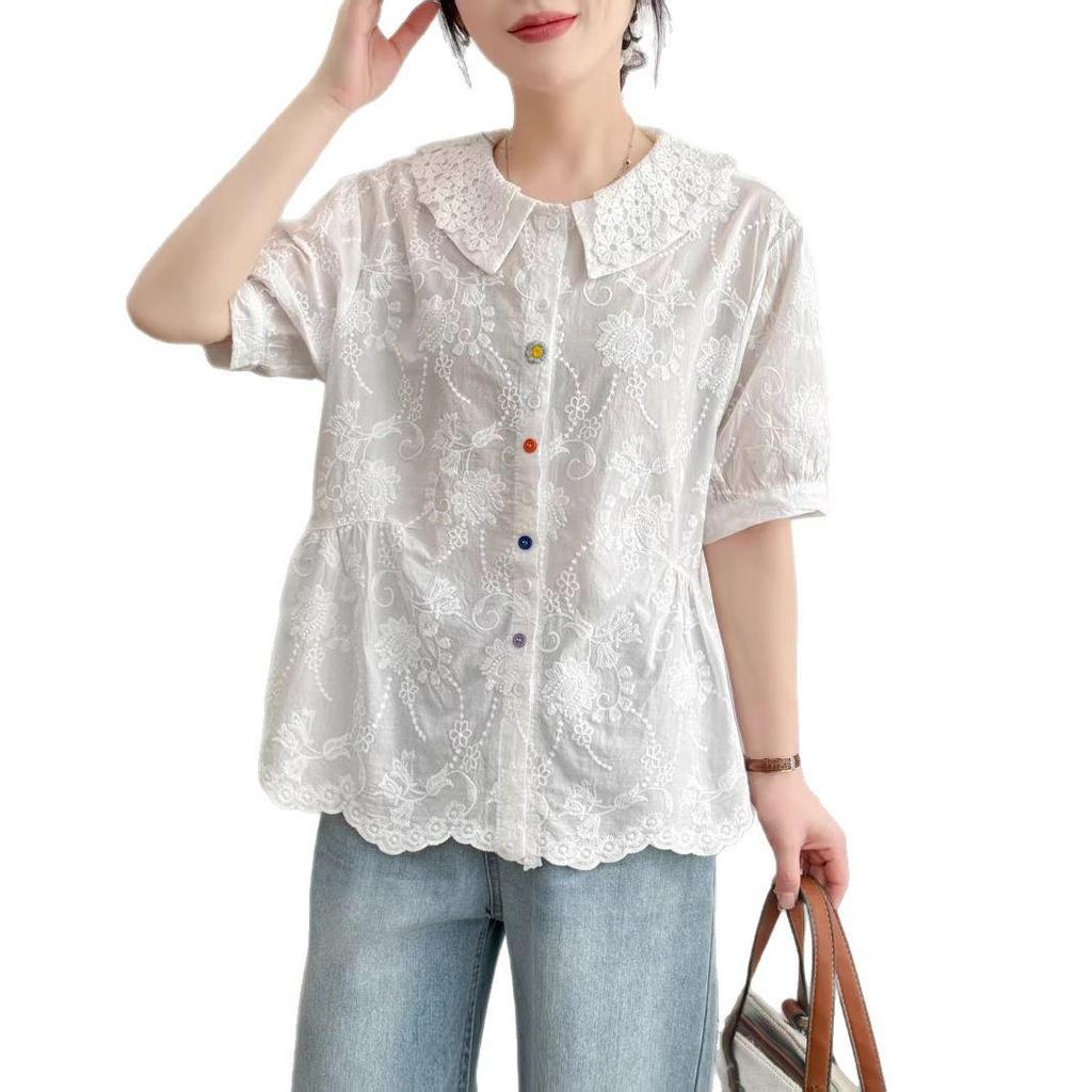Летняя женская рубашка с воротником Питер Пэн 2025: Модная, Универсальная, Свободная, Стройнящая, Омолаживающая, Блузка с коротким рукавом