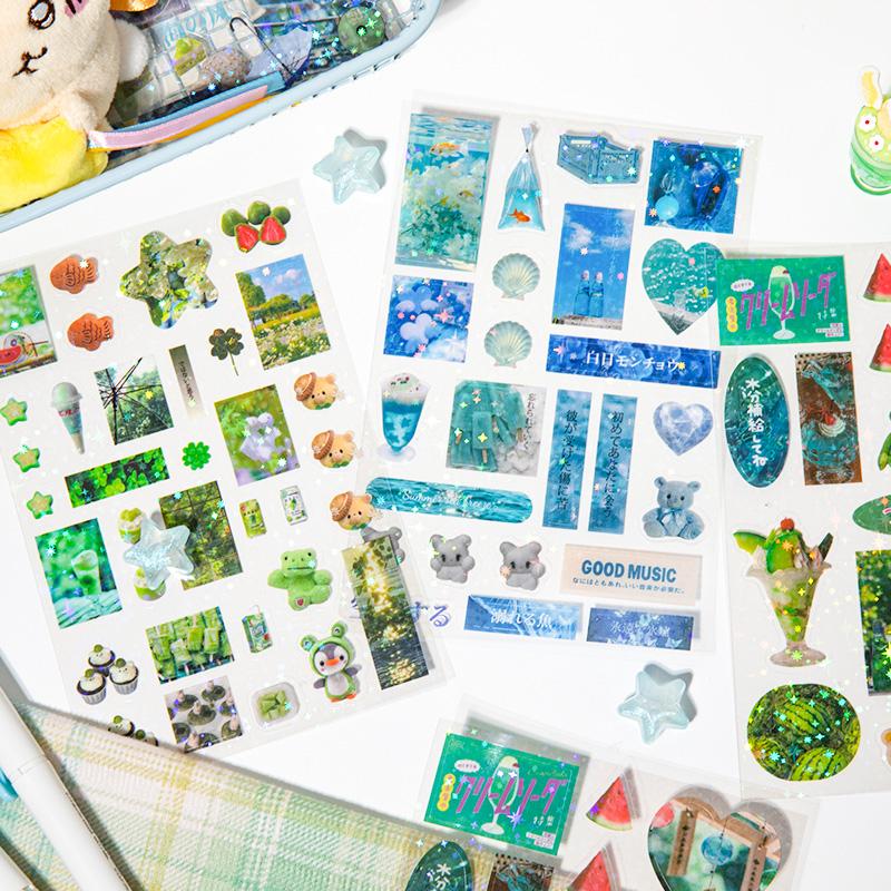 10sheets Kawaii Japanese Showa style glitter film PET die-cutting stickers DIY handmade scrapbook cute stationery stickers