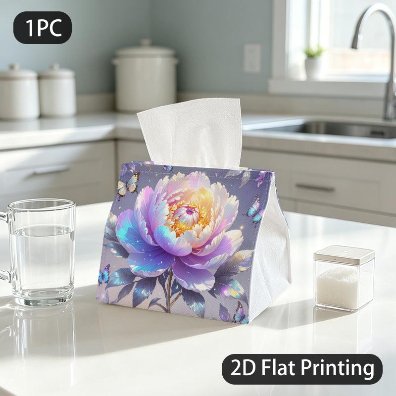 1pc Tissue Box, Ethereal Fantasy Peony Butterflies Luminous Pattern, 2D Flat Printing, Many Uses, Can Be Folded, Napkin Dispenser, for Your Workspace,