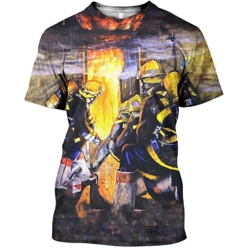 Summer 3D Firefighter Fireman Print T Shirt Kid Fashion Streetwear Short Sleeves Harajuku Clothing Gym T-shirts For Men Tees
