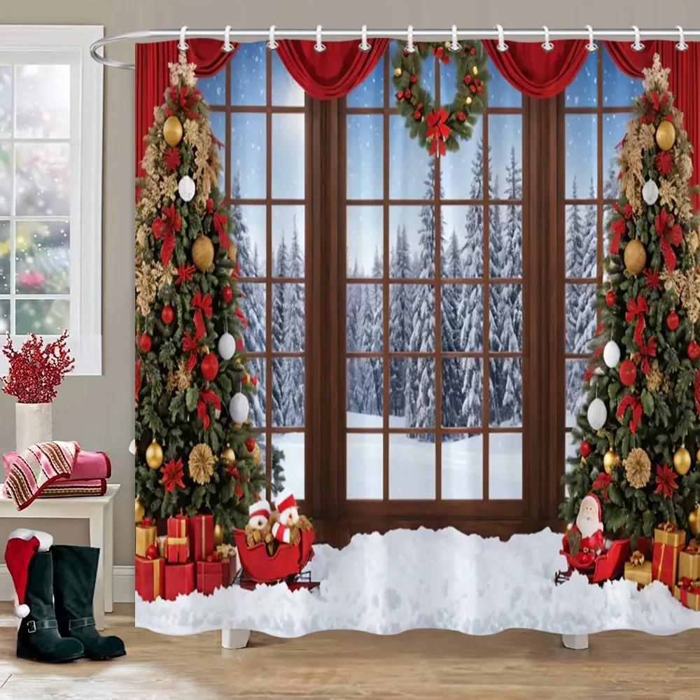 Рождественская вечеринка Занавески для душа Камин Рождественская елка и подарки Снеговик Снежная сцена Моющаяся занавеска для душа Арт Декор для ванной