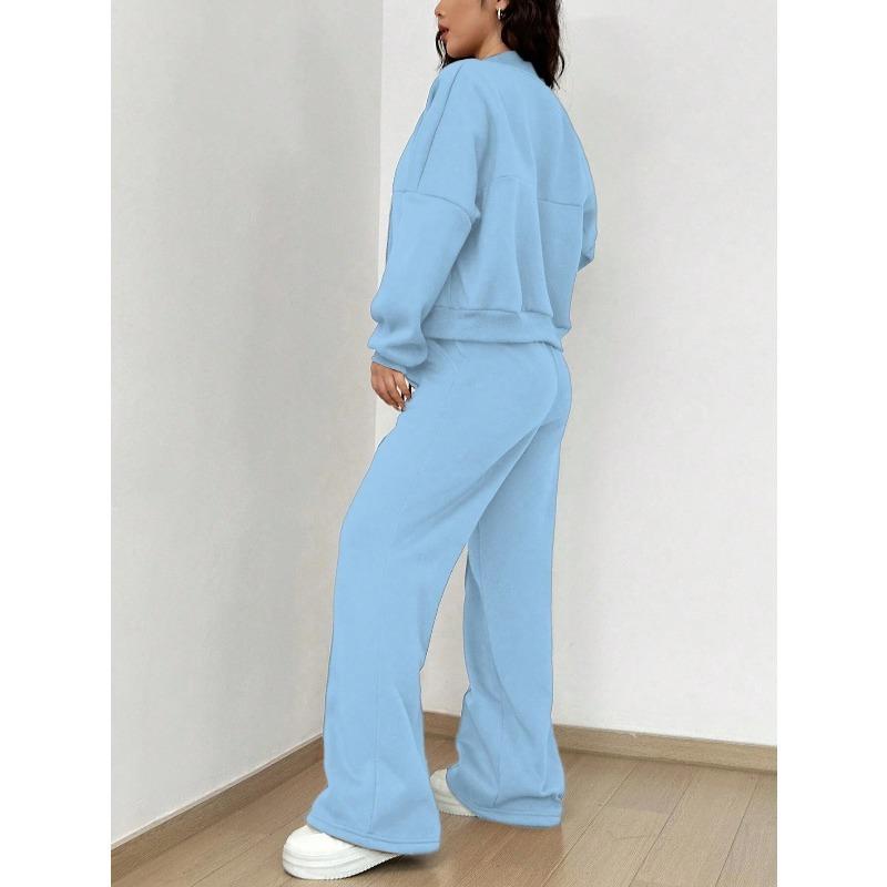 VEZFAA Женская мода повседневная весна осень однотонный принт длинный рукав О-образный вырез брюки брюки костюмы