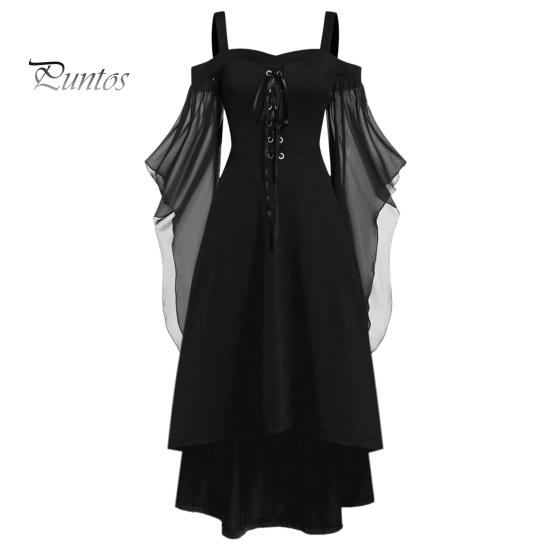 Женское платье для косплея в готическом стиле, костюм ведьмы на Хэллоуин, на шнуровке, без воротника, в тон, с длинными рукавами и рогами, платье трапециевидной формы