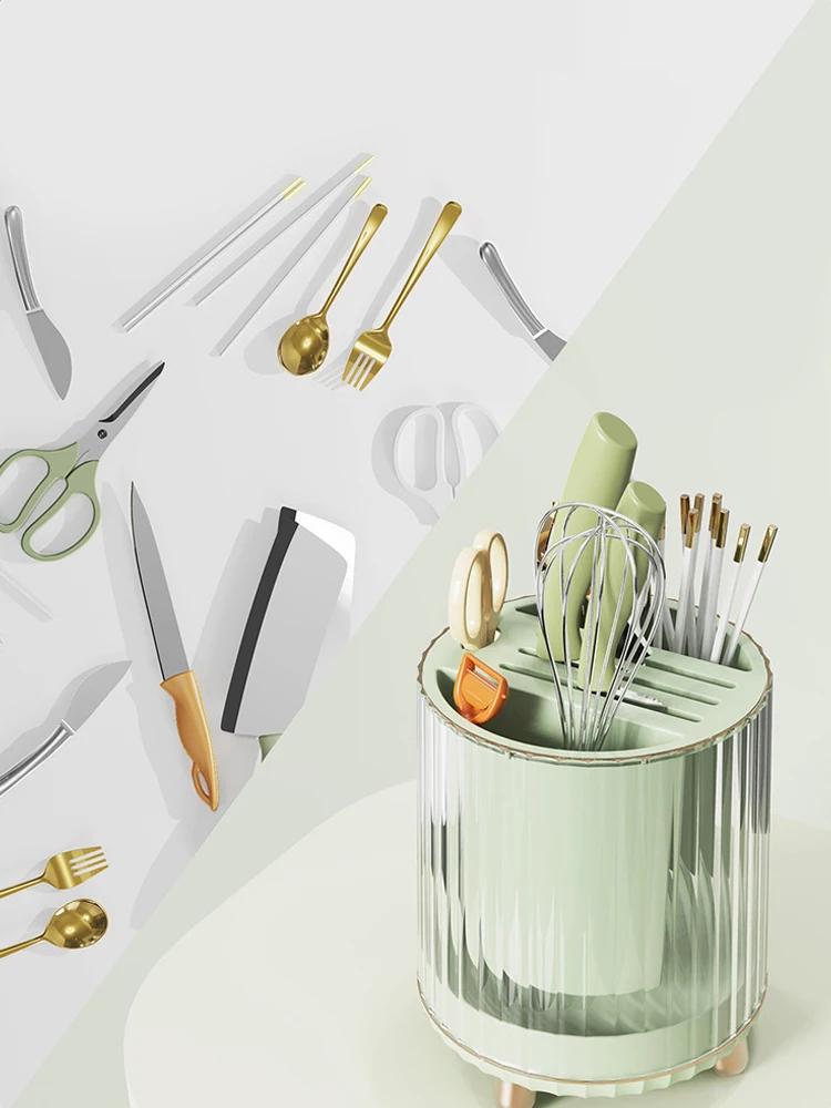 Кухонная вращающаяся подставка для ножей, подставка для мисок, палочек для еды, контейнер, интегрированный ящик для хранения посуды и ножей