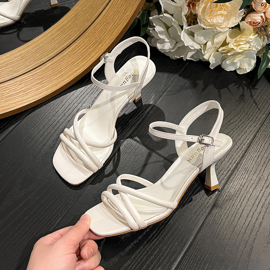 Simple and sexy one-word buckle with high-heeled sandals for women's 2025 new summer French stiletto open-toe with skirt sandals