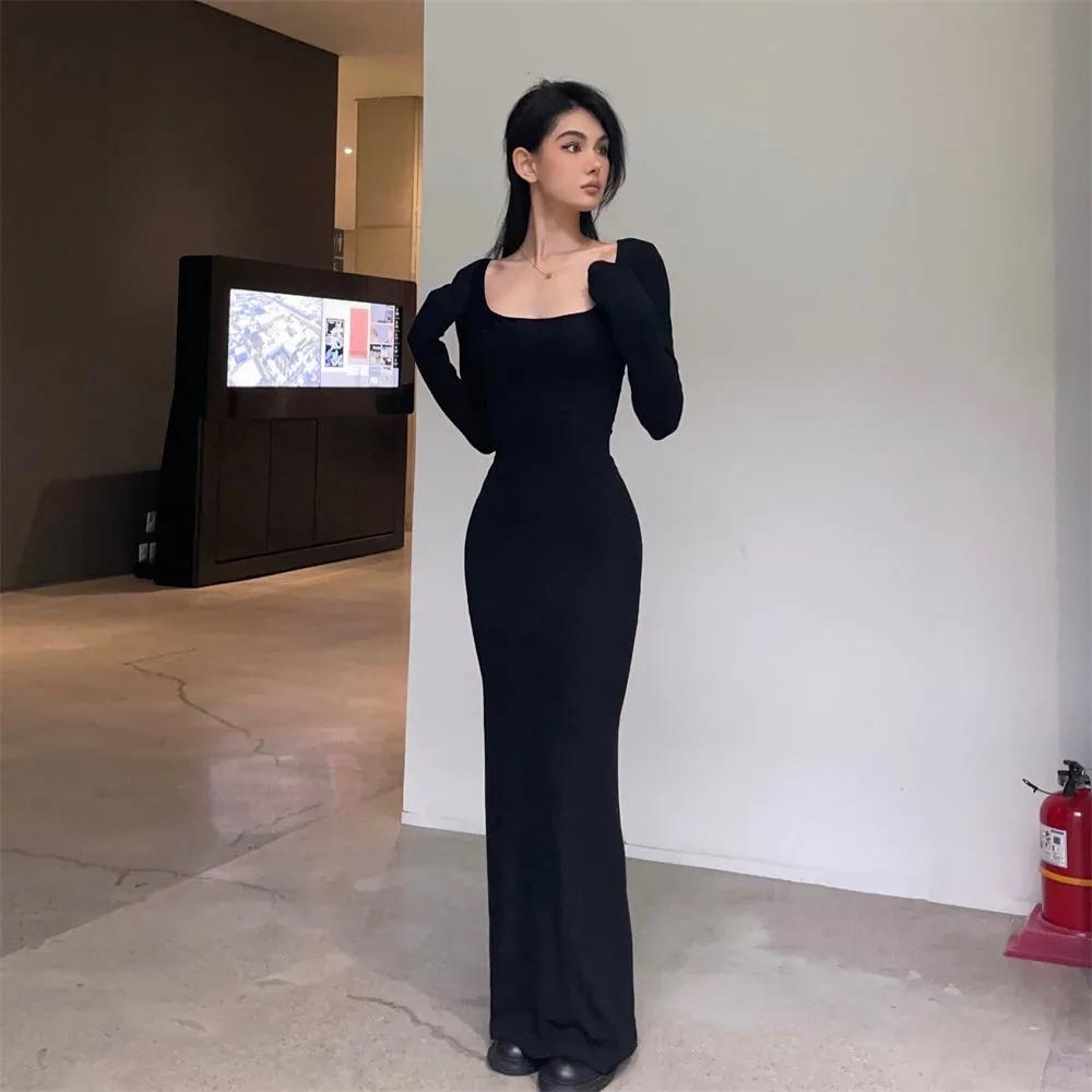 Y2K Sexy Black Dress Women Vintage Wrap Slim Bodycon Long Dresses Party Evening Square Collar Fashion Spring Outfits