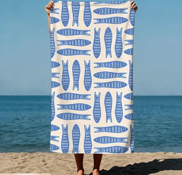 1 Piece Of Blue Design Beach Towel With Fish Pattern Pattern Is Very Beach Swimming Pool Travel Camping Yoga Sun Drying Towel