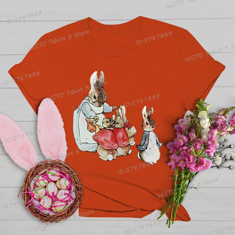 Retro Easter Bunny Tshirts Women Easter Bunny Shirt Gift for Women Vintage Easter Rabbit Tees Crew Neck Short Sleeve Tshirt
