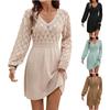 Women's Casual V-neck Hollow-out Scale Texture Solid-color Long-sleeve Sweater Dress