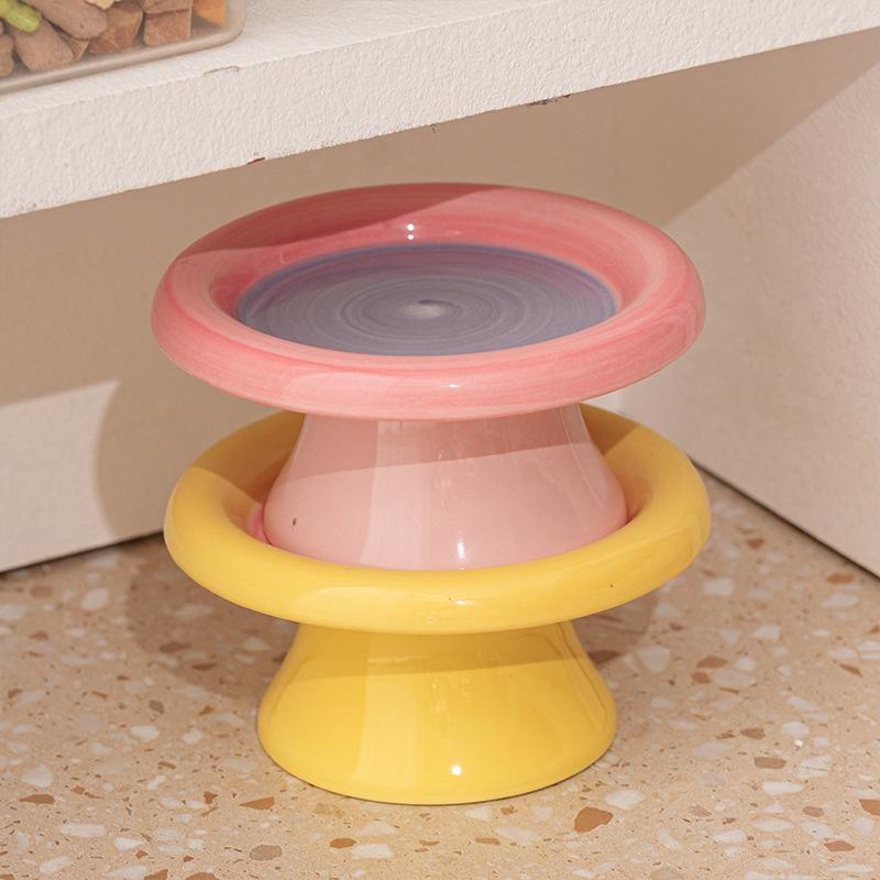 High footed cat bowl large caliber anti black chin anti knock dog snack bowl cervical protection ceramic pet plate cat feeder