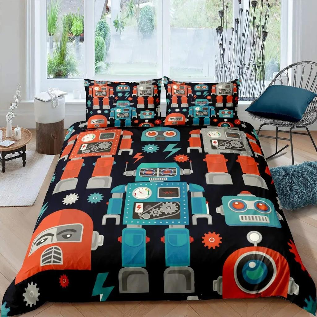 Boys Cartoon Robot Rocket Duvet Cover King Queen Size,Kids Spaceship Bedding Set 3Pcs Starry Galaxy Universe Planet Quilt Cover