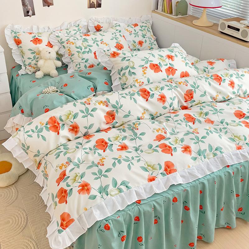 Юбка для кровати принцессы, простыня из четырех частей для девочек, кружевное одеяло, покрывало, постельное белье