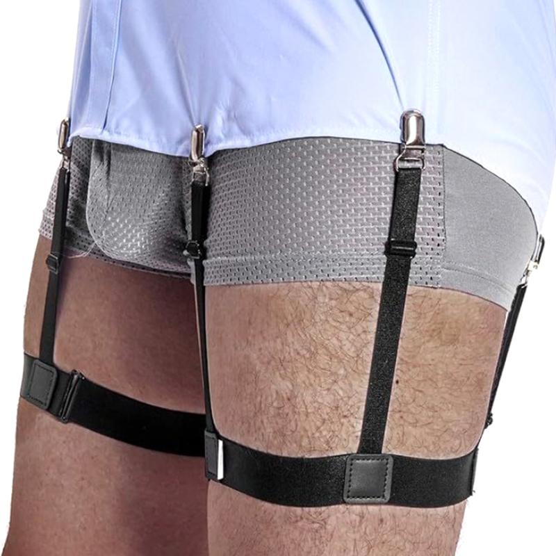 1 пара мужских подтяжек для рубашки, пояс с нескользящими фиксирующими зажимами, держит рубашку заправленной, на ногу/бедро, подвязки, регулируемый фиксирующий ремешок