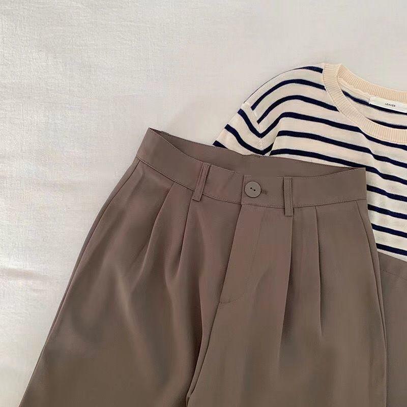Женские однотонные брюки-костюм с высокой посадкой, осенние прямые модные брюки, повседневные свободные брюки на пуговицах для офиса, корейские женские брюки