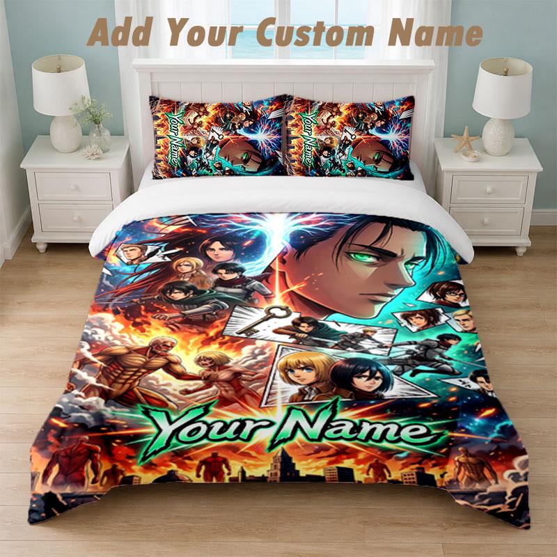 Bedding Set 1 Duvet Cover 2 Pillowcases Attack on Titan Print Soft Bed Linen Bedroom Decor