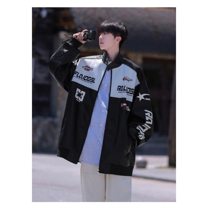 Autumn American Color Blocked Motorcycle Suit Leather Jacket Men's Trendy Spring and Autumn Versatile Loose and Handsome Jacket