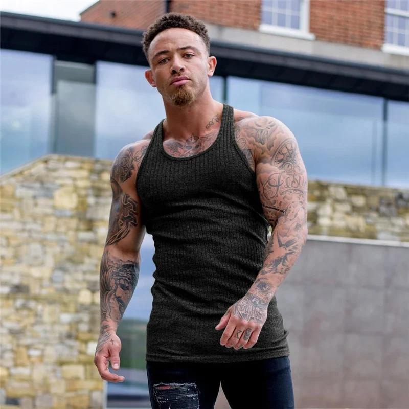 Muscleguys Однотонные летние майки для бега, быстросохнущие, вязаные, майки для зала, фитнеса, без рукавов, в полоску, приталенные, мужская одежда для бодибилдинга
