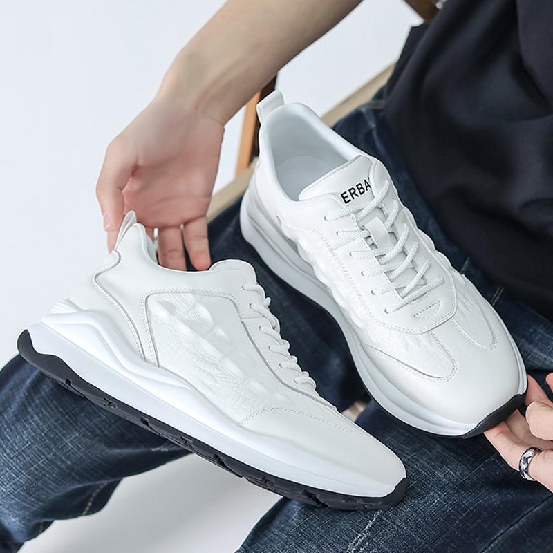 Men White Casual Sneakers Breathable Men Crocodile Pattern Leather Sports Running Shoes Cowhide Leather Comfortable Tennis Shoes