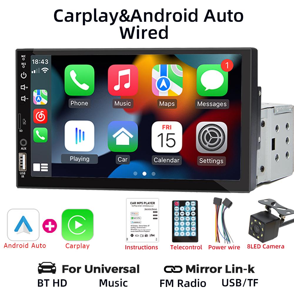 HIPPBQCC Автомагнитола 7" 1 Din Carplay Android Auto Мультимедийный плеер HD Сенсорный экран FM AUX Вход Bluetooth MirrorLink Универсальный