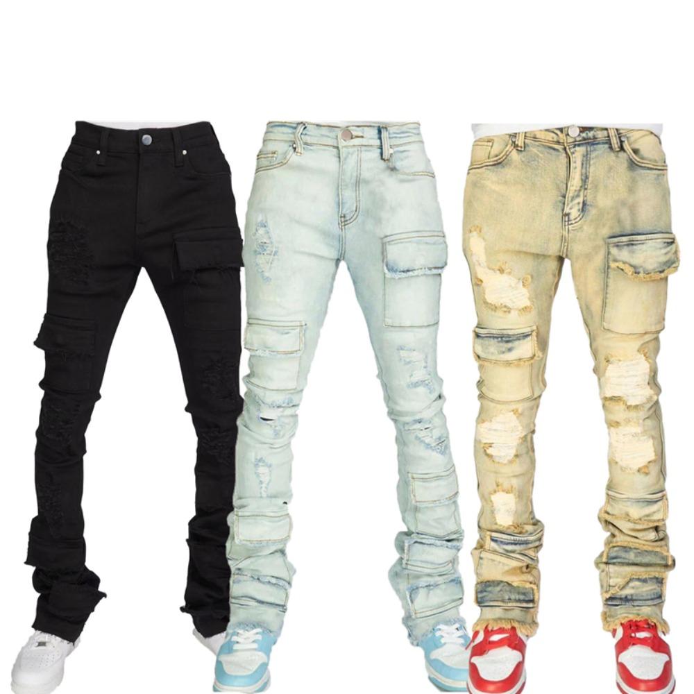 Streetwear Retro Style Men Ripped Spliced Slim Jeans Trousers Hip Hop Holes Stylish Denim Pants for Male