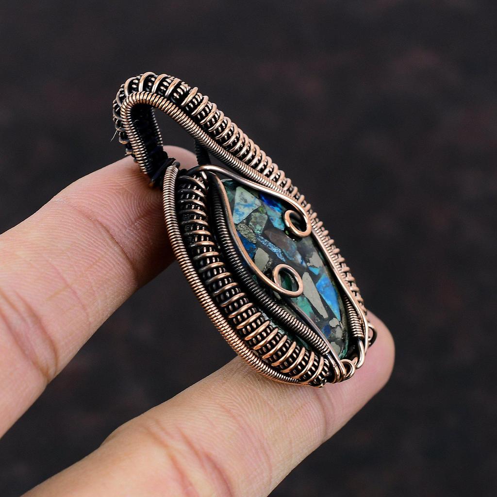 Медный азурит-малахитовый кулон Медная проволока, обернутая кулоном, медные украшения ручной работы, кулон с драгоценным камнем, дизайн проволоки, ювелирный кулон для подарка