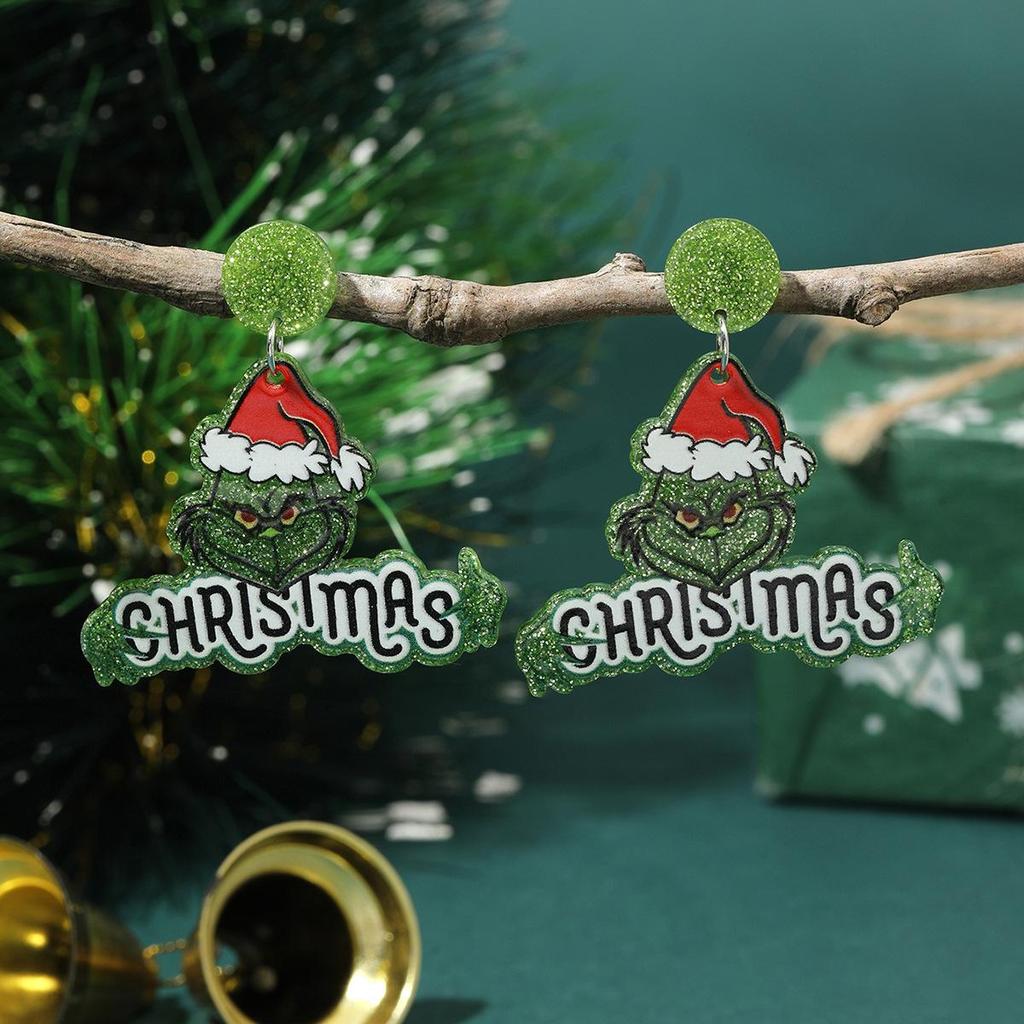 Christmas Monster Green Hat Acrylic Earrings – Fun Cartoon Holiday Women's Jewelry
