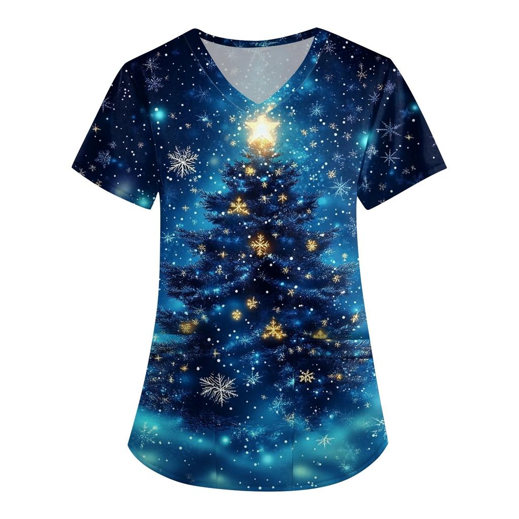 Женская симпатичная рабочая одежда с принтом, V-образным вырезом, двухслойными карманами, базовым коротким рукавом, пуловером на Рождество