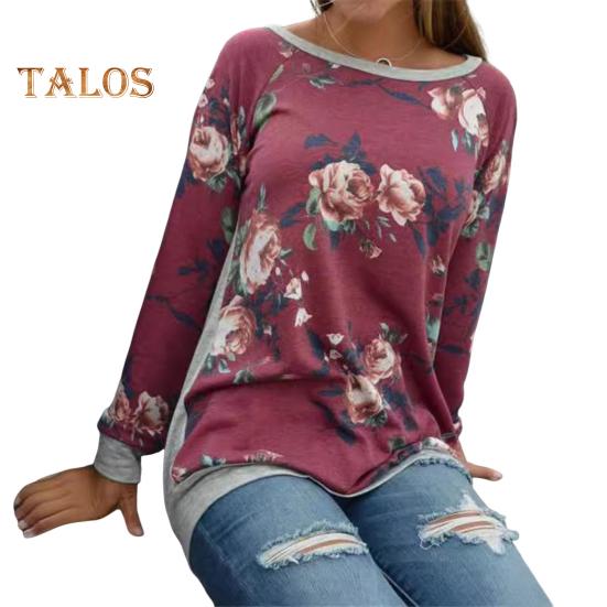 Women Tops Round Neck Raglan Long Sleeve Pullover Tops Flower Print Patchwork Color Mid-length Tee Shirt