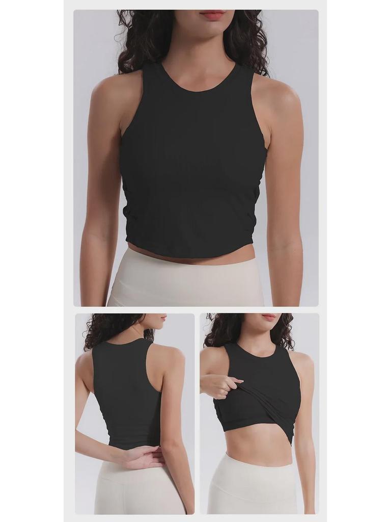 Autumn 2024 Lulu Yoga Vest with Side Waist Crisscross, High Elasticity, Moisture-Wicking, and Padded Sports Bra.