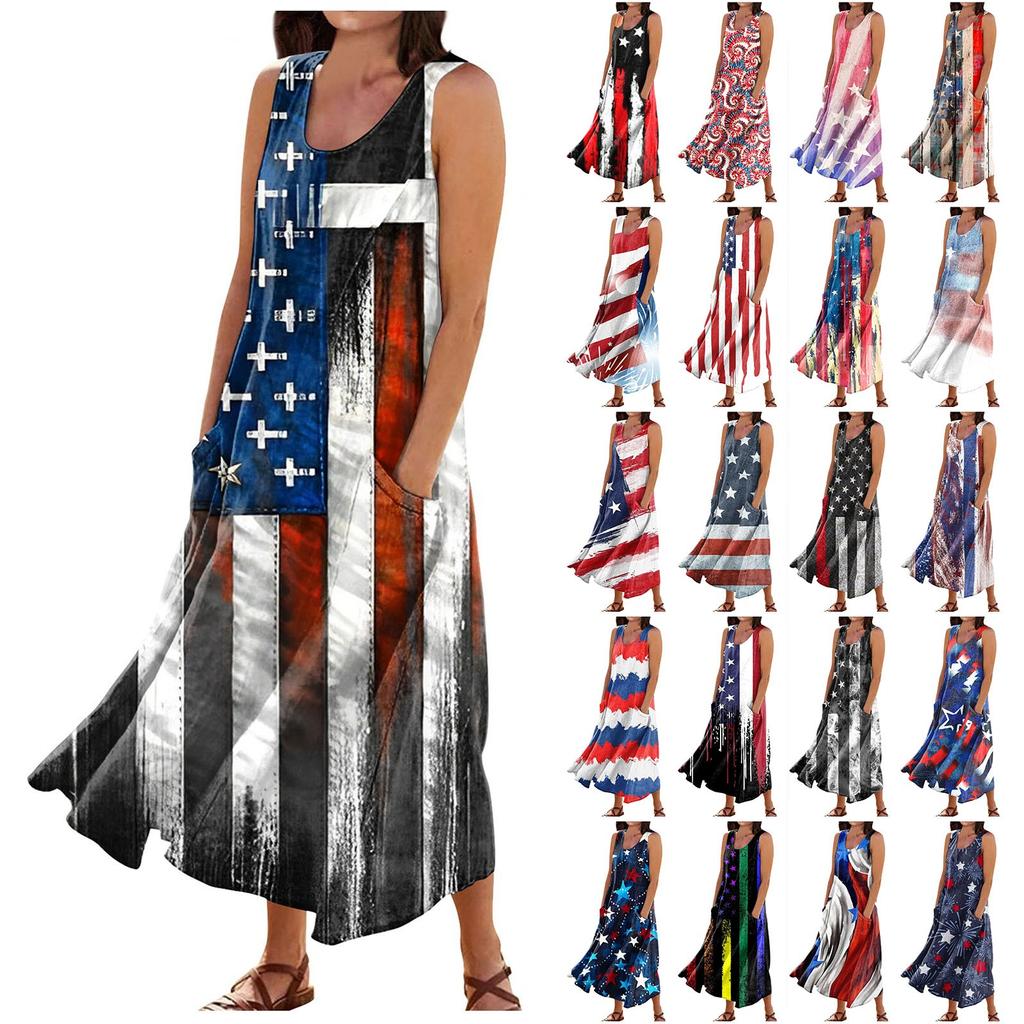 Женское летнее свободное свободное платье без рукавов с круглым вырезом и звездами в стиле пэчворк с цветным принтом и карманом